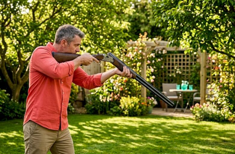 Man practising clay shooting dry fire at home