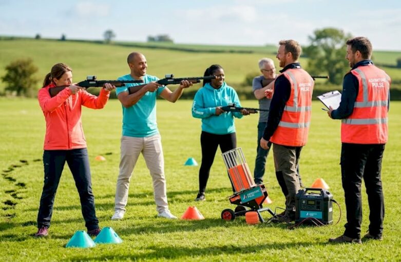 Adults using laser guns on grassy shooting range