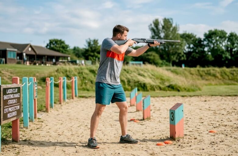 Shooter aiming at laser clay target on outdoor range