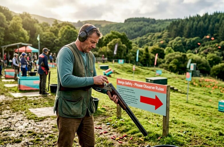 Clay shooter at rural ground checking regulation