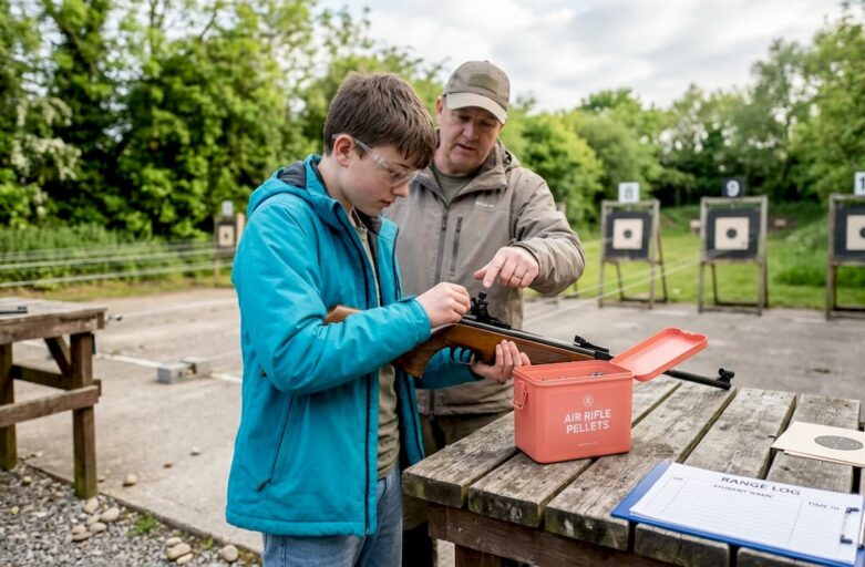 Teen student prepares air rifle at shooting range