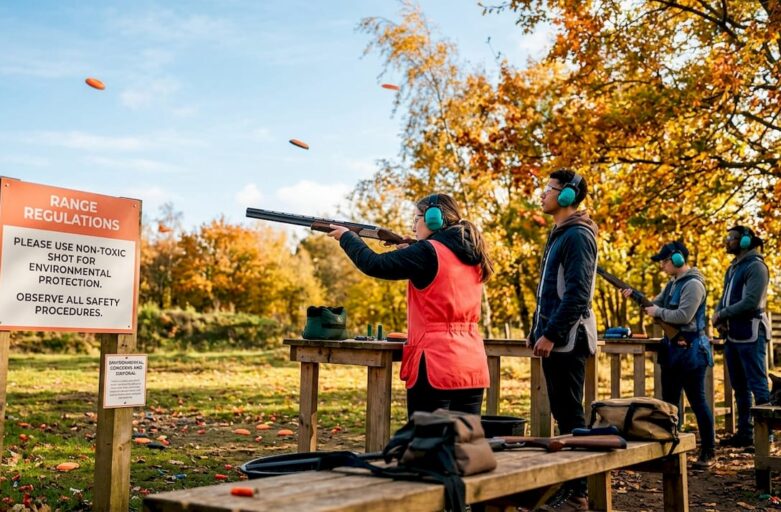 Outdoor clay shooting range with shooters and clay targets