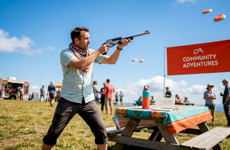 Participant aiming laser clay shooting gun outdoors