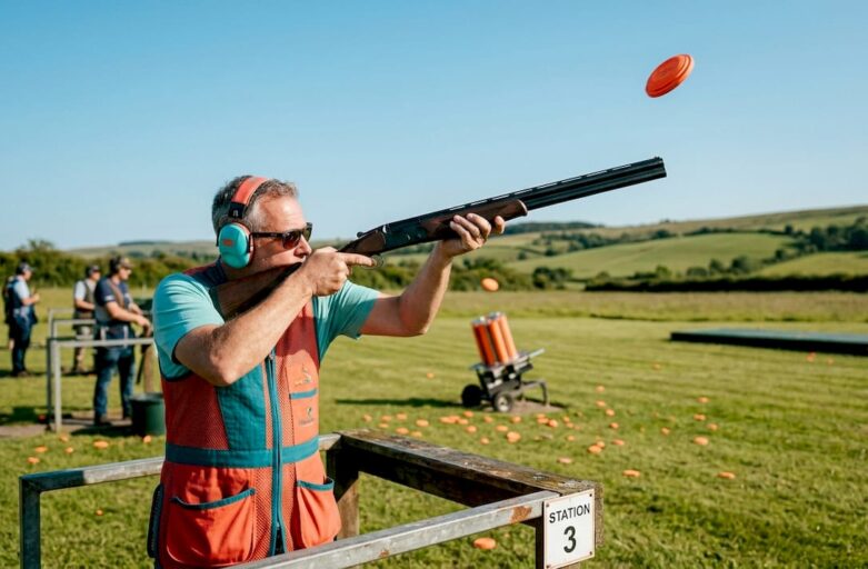 Man aiming laser clay shotgun outdoors