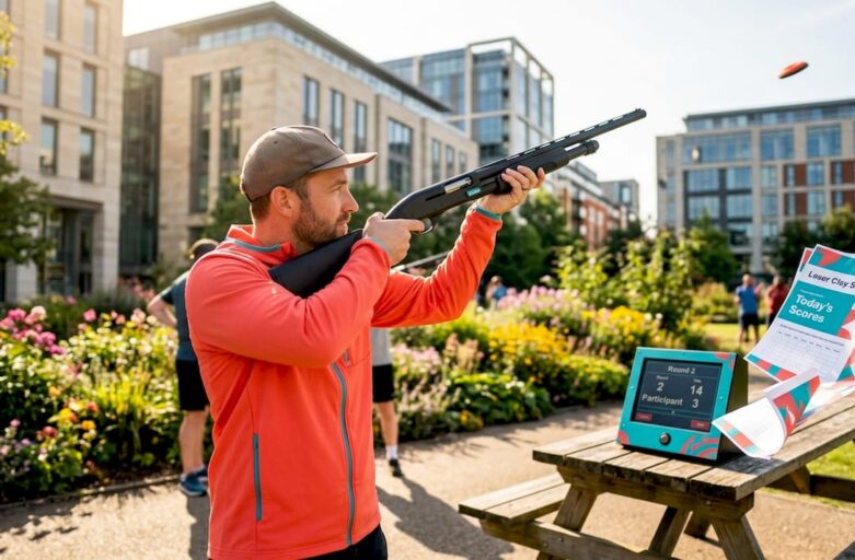 Shooter aiming laser clay gun at outdoor range