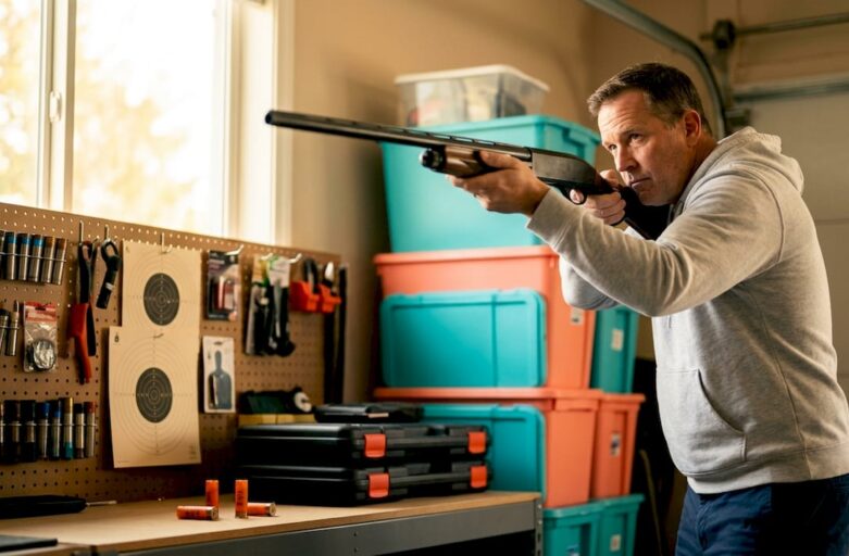 Man practicing dry-fire clay shooting stance indoors