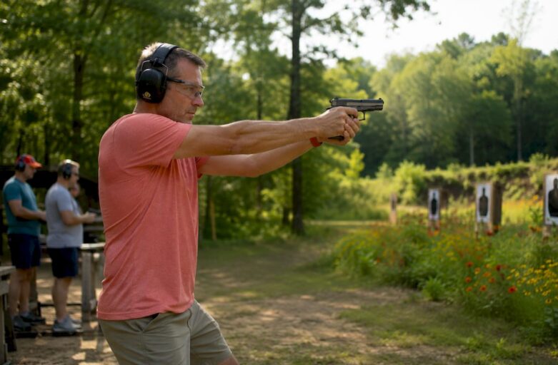 Focused shooter aiming pistol at indoor range