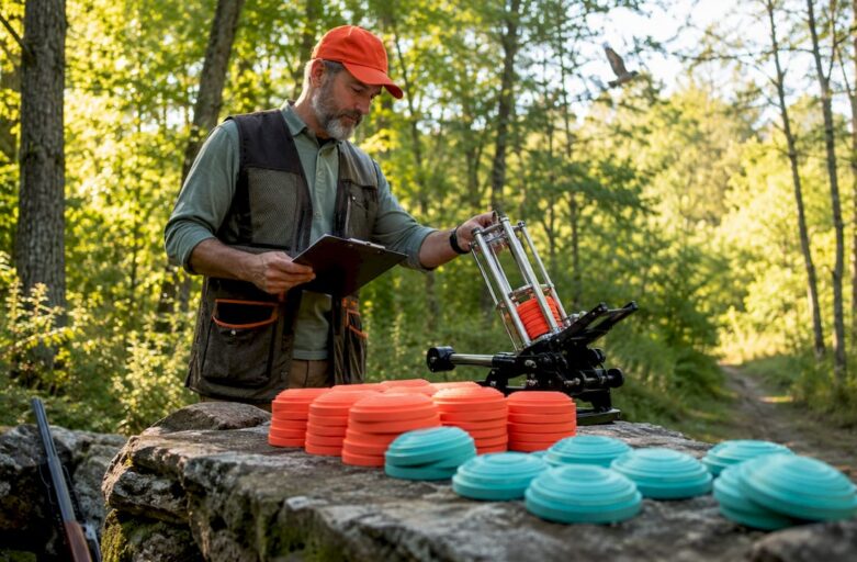 Man setting up biodegradable clay targets outdoors