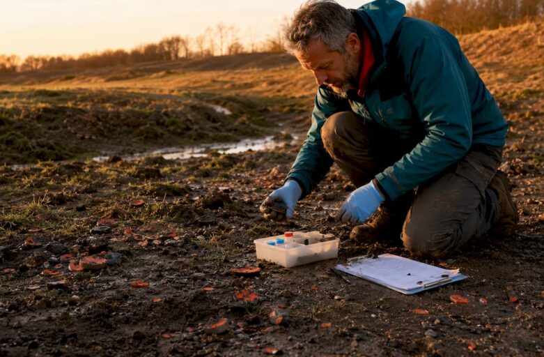 Scientist collecting soil samples at shooting range