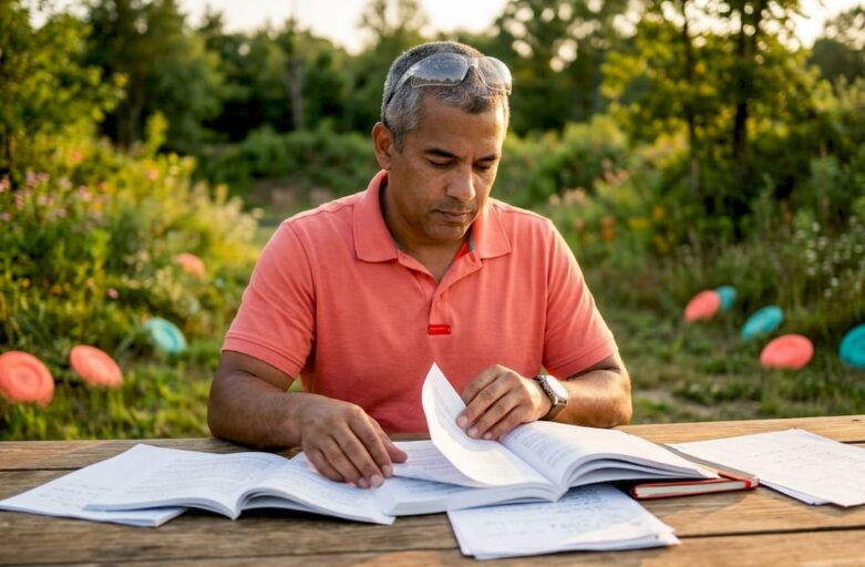 Shooting sports coach reviewing rulebooks