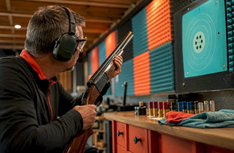 Man preparing for indoor clay shooting safely