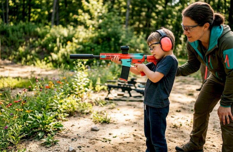 Child with hearing protection holding suppressed rifle outdoors