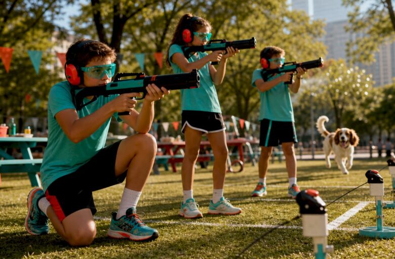 Youth group playing competitive shooting outdoors
