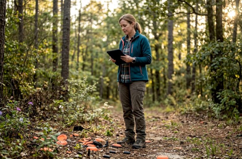 Field analyst reviewing environmental data at shooting range