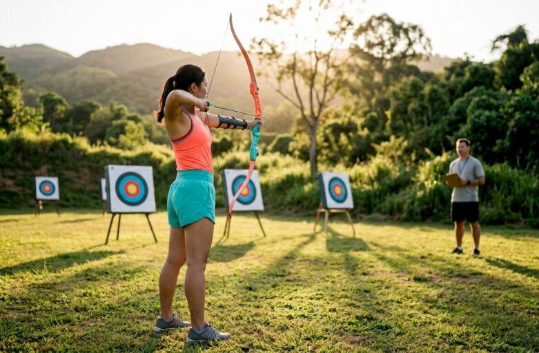 Female athlete practicing indoor archery in training center