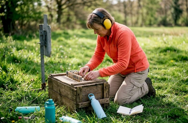 Woman setting up eco-friendly shooting target outdoors