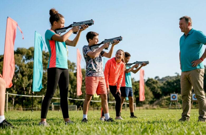 Students practicing safe non-contact shooting sports indoors