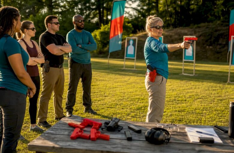Shooting instructor demonstrating safety at indoor range