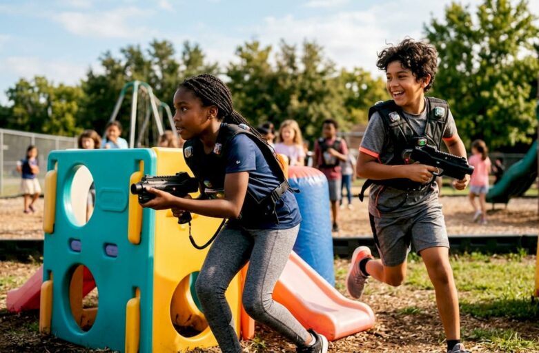 Students playing laser tag in school gymnasium