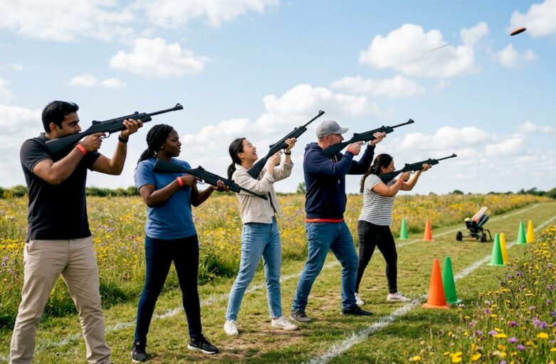 Group participating in laser clay shooting outdoors