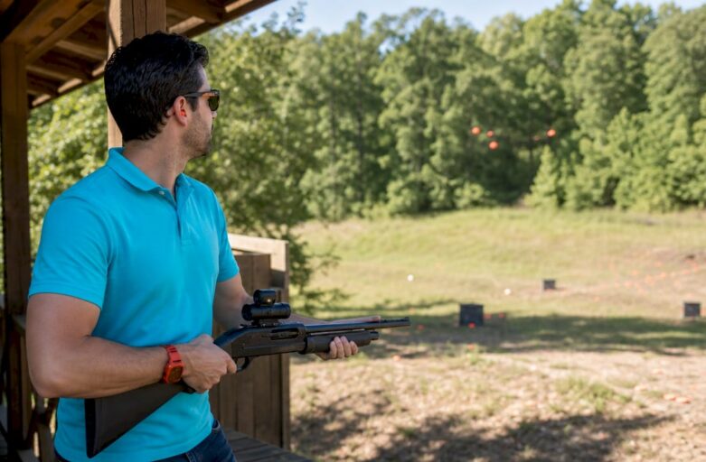 Shooter using laser clay setup at outdoor range