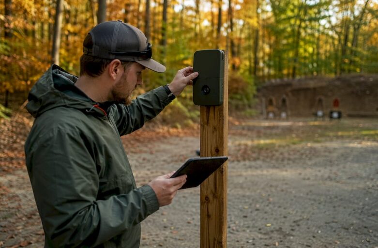 Man testing firearms training device at UK range
