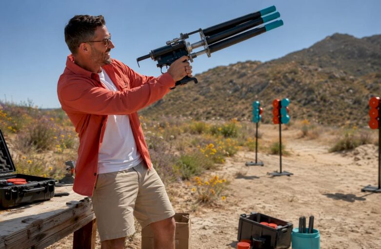 Instructor using laser clay shooting device outdoors