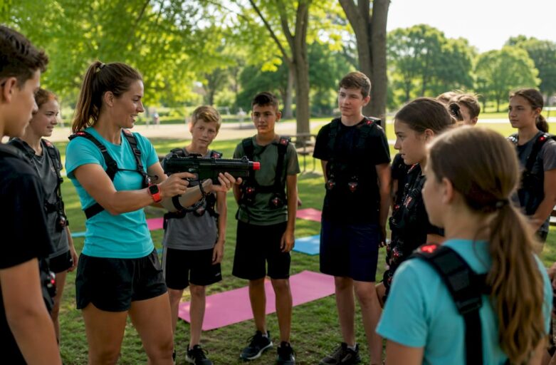 Instructor demonstrating laser clay shooting to students in gymnasium
