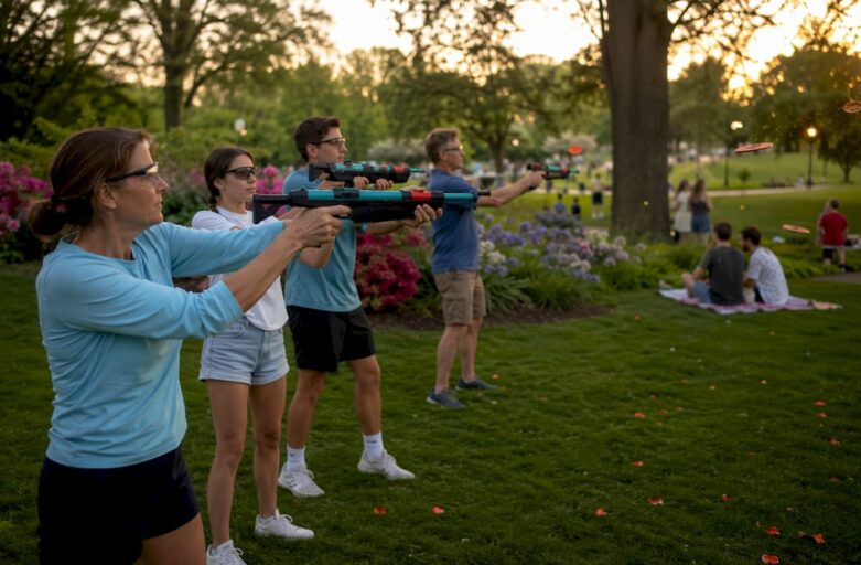 Participants engaging in laser clay shooting outdoors