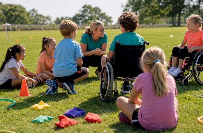 Children and teacher preparing inclusive sports day outdoors