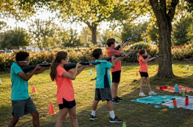 Young athletes practicing laser clay shooting outdoors