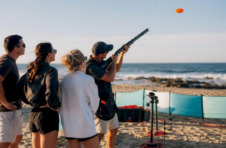 Group playing laser clay shooting outdoors with facilitator