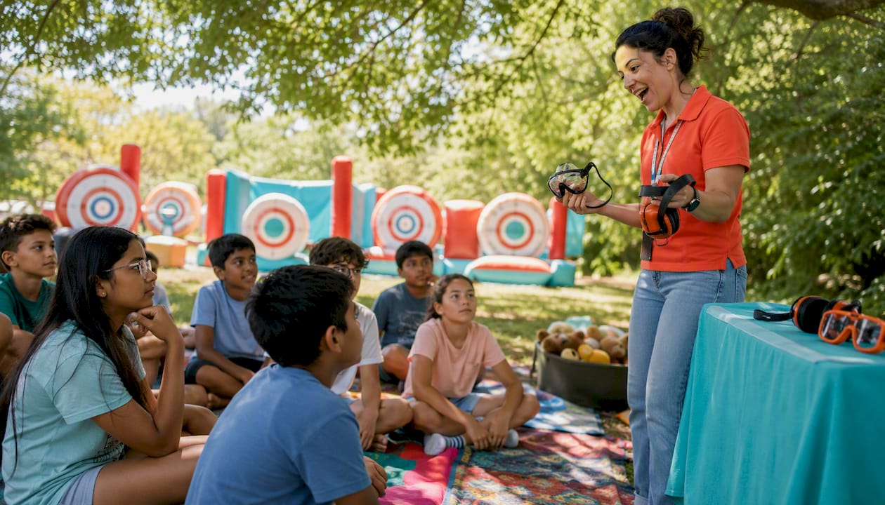 Facilitator giving laser clay safety briefing to kids outdoors