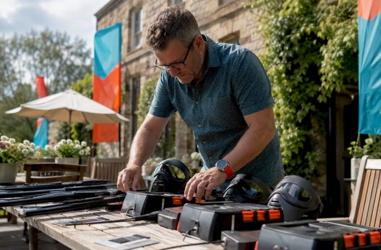 Event planner setting up laser shooting gear indoors