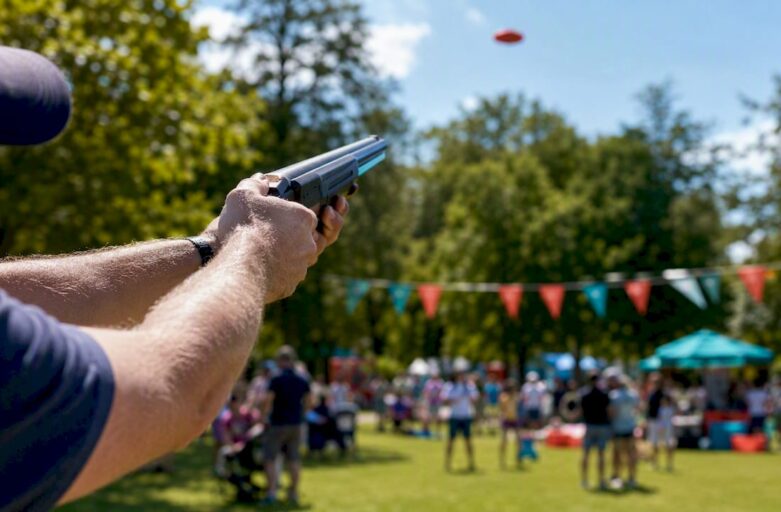 Participant aiming laser clay shooting gun outdoors