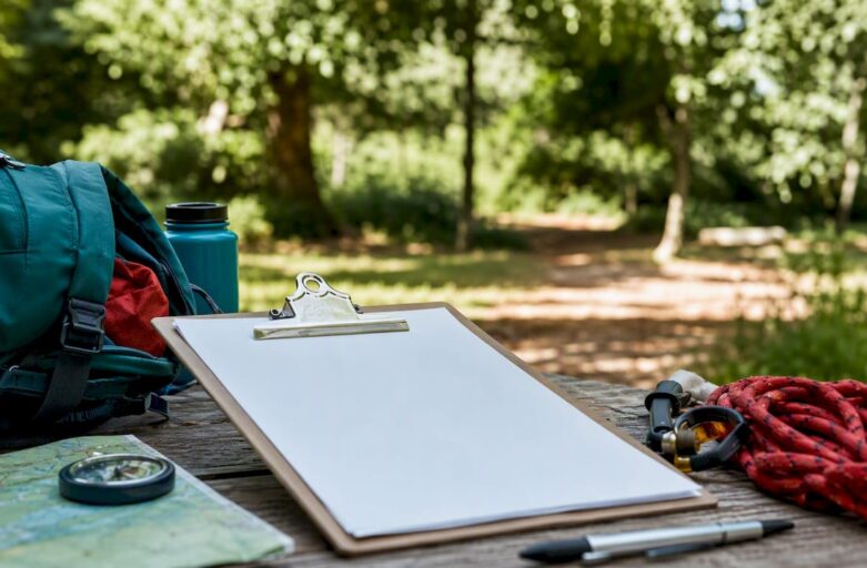 Outdoor activity planning scene with checklist