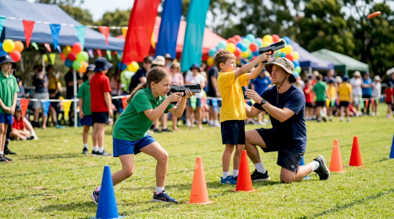 Children playing laser clay shooting outdoors