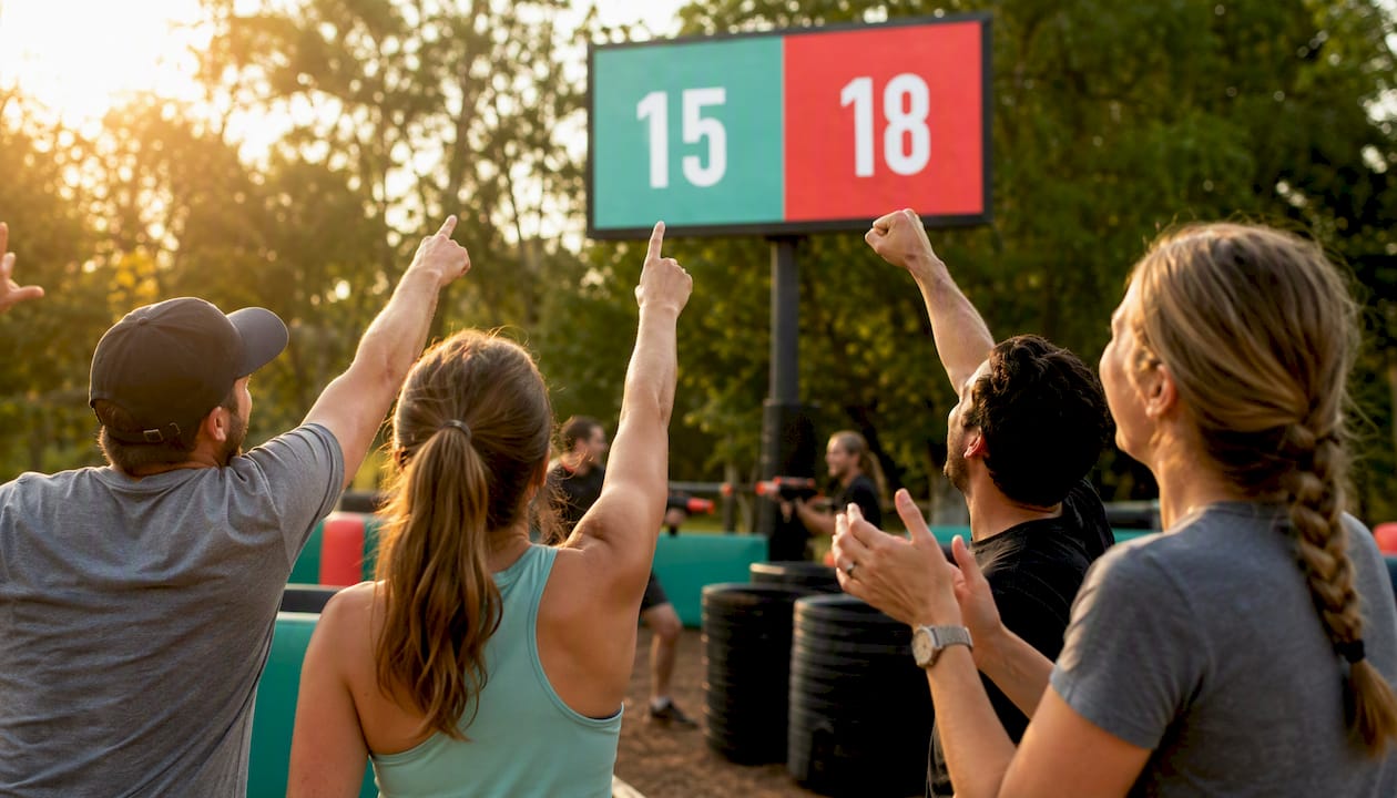 Digital scoreboard showing team scores at laser clay event