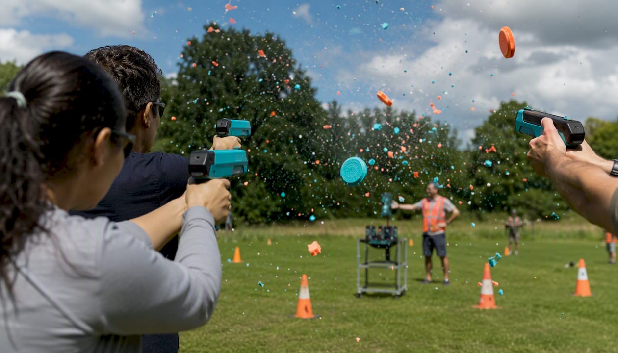 Shattered laser clay target mid-air in team event