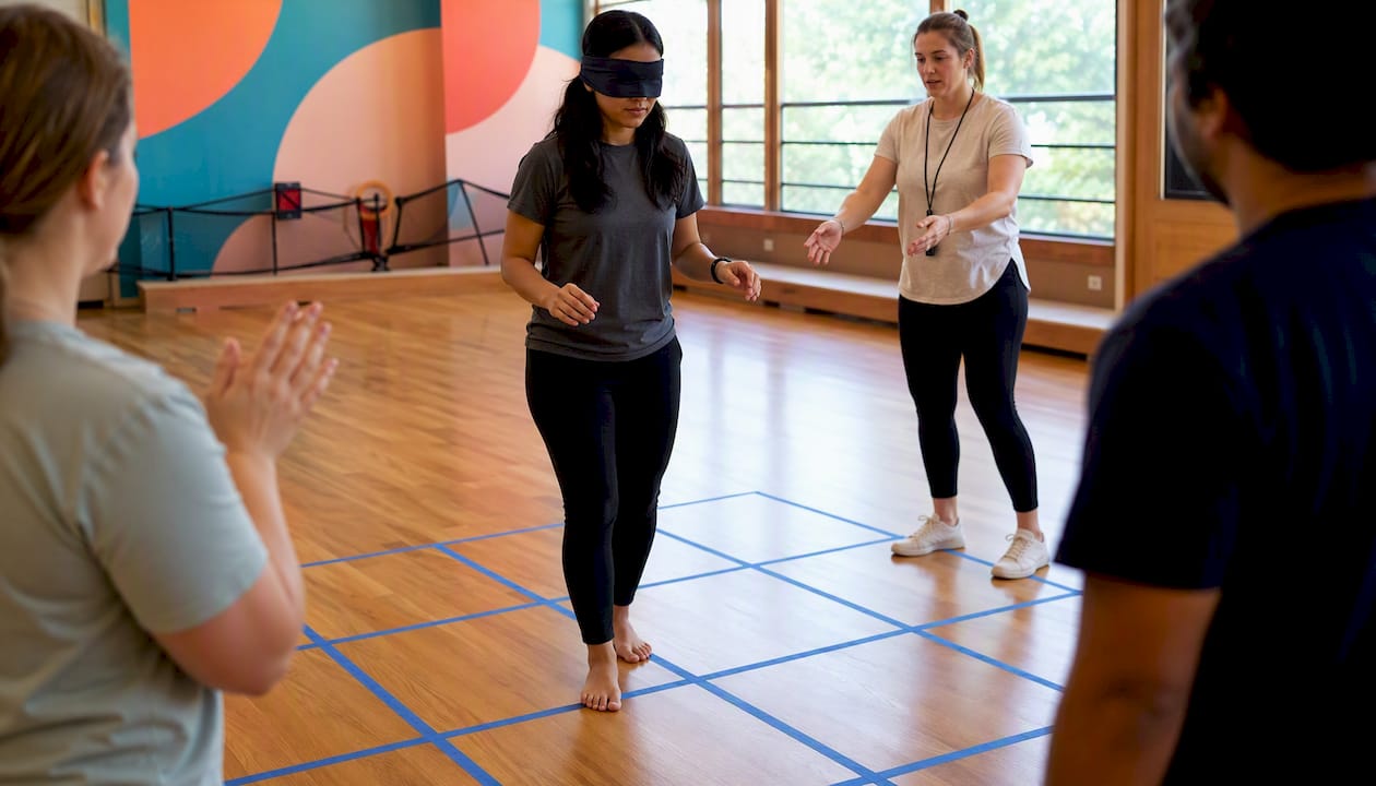 Blindfolded participant stepping on taped grid indoors