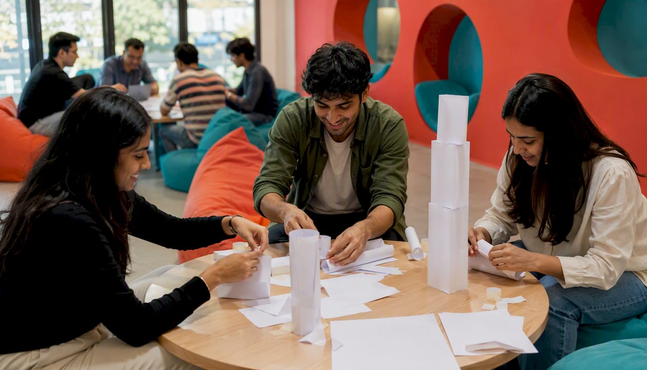 Hands building paper tower in teamwork challenge