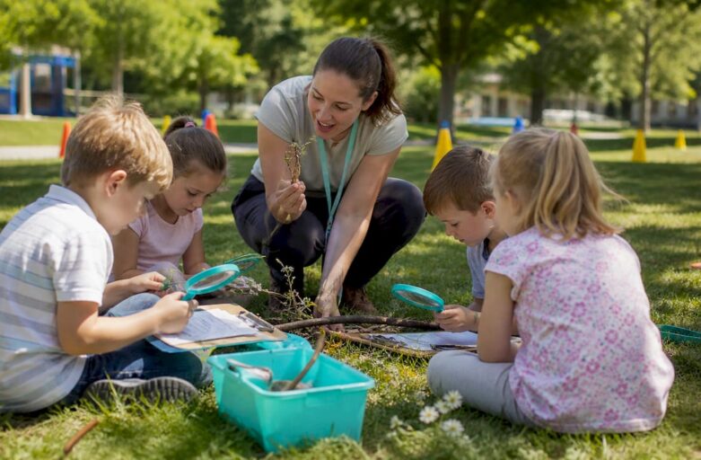Outdoor school field with boundary rope and teacher briefing