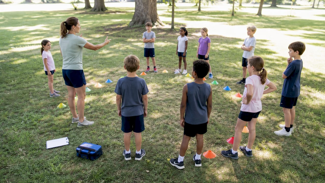 Teacher giving outdoor safety briefing with boundary cones