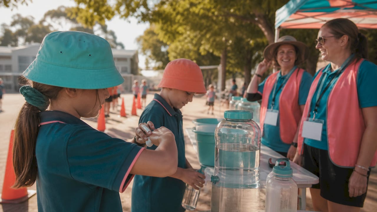 Children applying sunscreen at hydration station outdoors