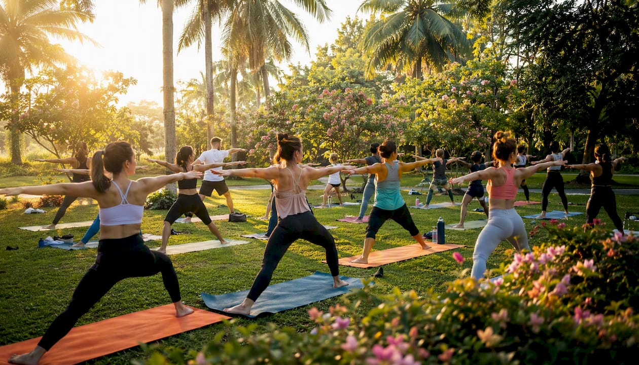 Group doing yoga outdoors for wellness