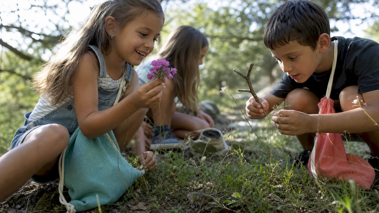 Children finding items on nature scavenger hunt