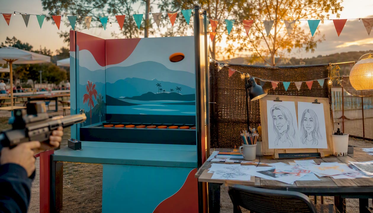 Portable laser shooting and caricature artist stations side by side