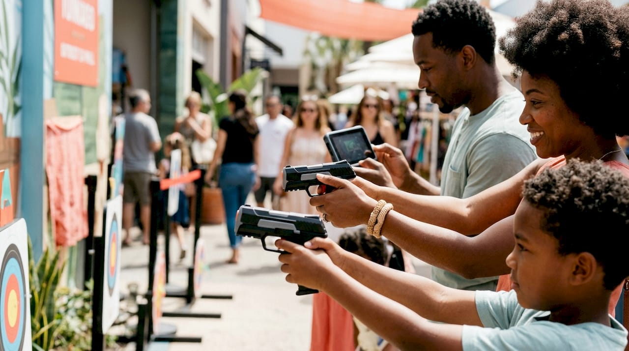 Family hands aiming at target game in mall