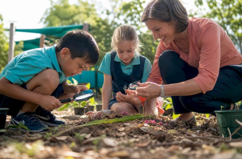 Children measuring soil in outdoor science activity