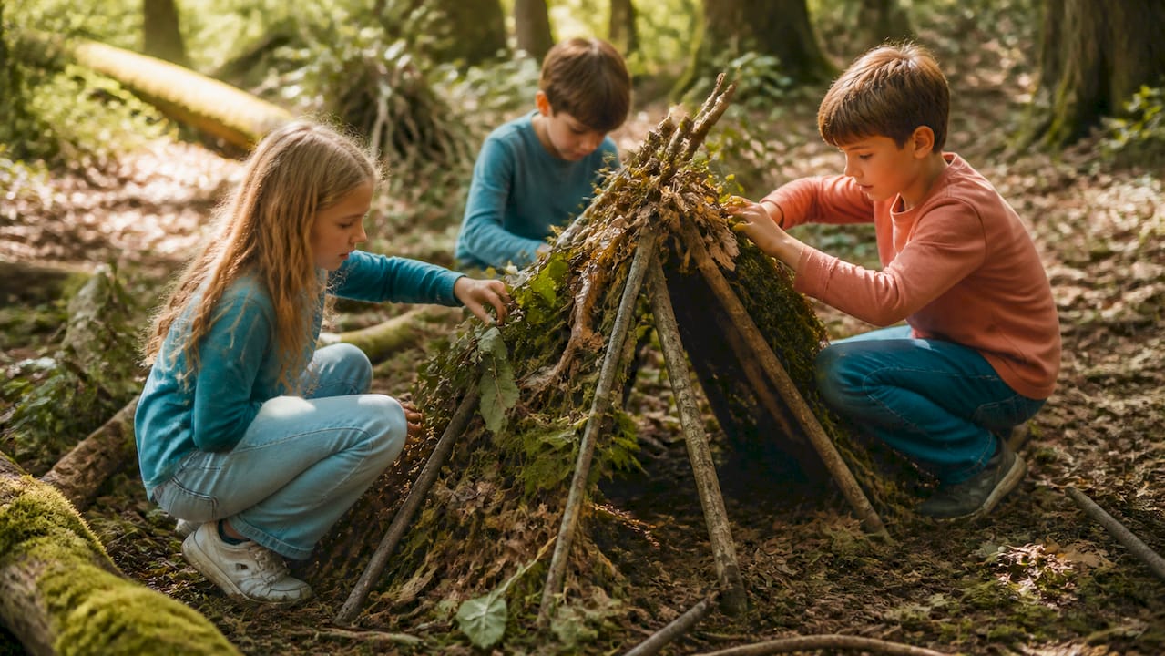 Children building natural shelters outdoors